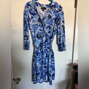 Dana Buchman Blue Floral Wrap-Style Long Sleeve Dress